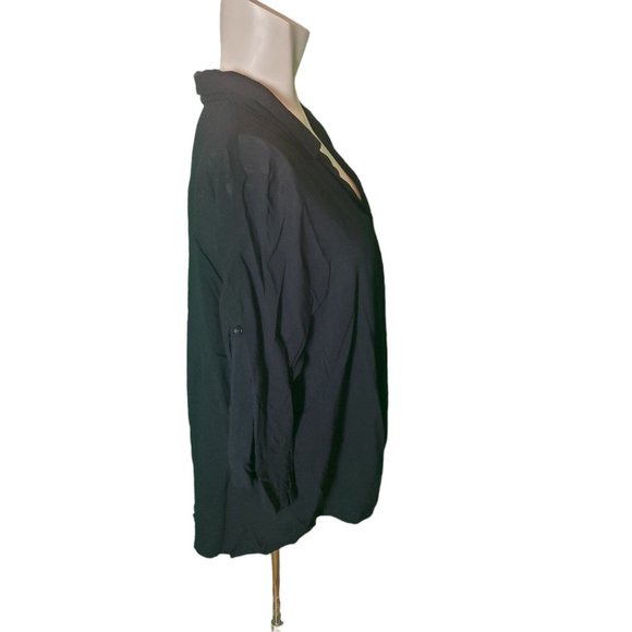 Olive & Oak Navy Blue Blouse Tunic Collar V-neck Tie Front Roll Tab Sleeve sz L - Picture 6 of 8